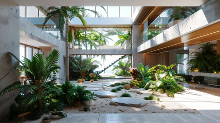 Contemporary beach house with a central atrium and a lush indoor garden, creating a seamless blend of architecture and nature.