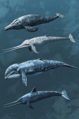 Fototapeta premium A group of three whales swimming in the ocean. Suitable for marine life concepts