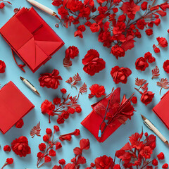 Arrangement of red stationery and flower on a light blue seamless pattern background. realistic style,