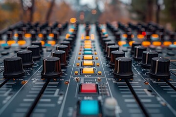 Obraz premium Music production equipment in focus with an out-of-focus nature backdrop, suggesting a blending of technology and the environment