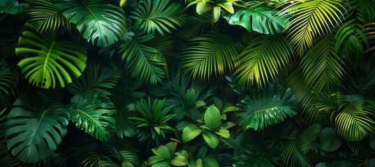 Exotic tropical forest with lush palm leaves and trees in wild jungle, ideal for panoramic wallpaper