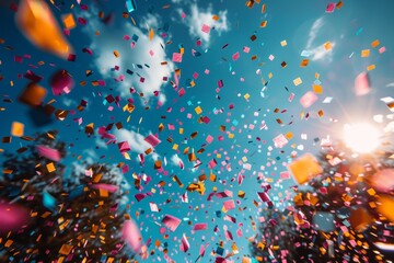 Vivid image of multicolored confetti falling against a clear blue sky with sunny flares, symbolizing celebration and festivity
