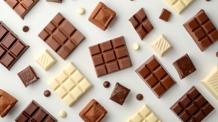 White and milk chocolate isolated. Top view of various chocolate bars, copy space