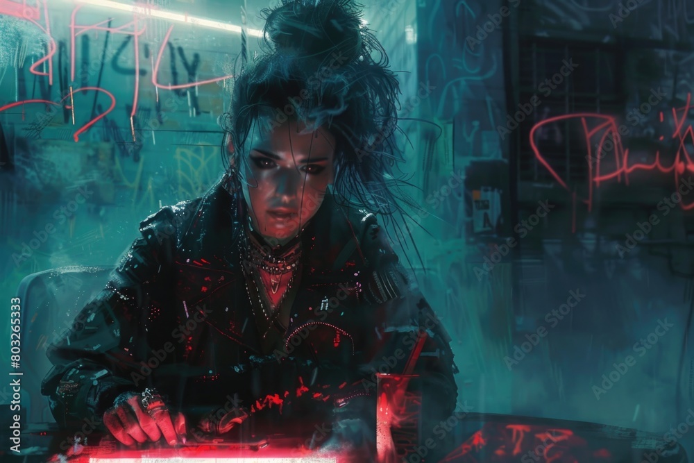 Poster a woman sitting in front of a laptop computer. suitable for business and technology concepts