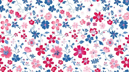 Elegant Korean Style Small Floral Pattern with Vibrant Red, Pink, and Blue Accents on White