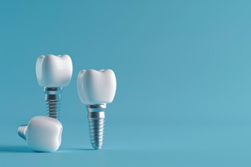 Close-up of three dental implants on a blue background. Perfect for dental clinic promotions