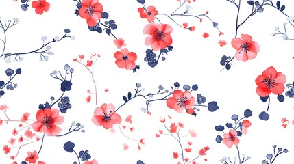 Exquisite Korean-style Ditsy Floral Pattern with Red,Pink and Blue Accents on White Background