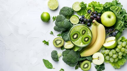 A variety of fruits and vegetables are arranged on a white background. - Powered by Adobe