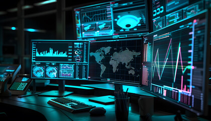 Fototapeta premium Advanced Trading Desk with Multiple Computer Monitors Displaying Financial Data