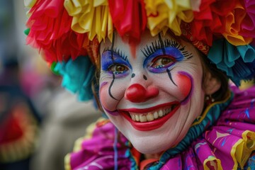 A close-up of a person wearing a clown costume. Perfect for Halloween events