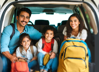 family packing the car to leave for summer vacation. A happy latin american father mother, 2 two little kids daughter, son preparing the luggage in vehicle to go on a road trip, ready for travel time