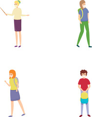 Pandemic education icons set cartoon vector. Teacher and student in face mask. New normal education