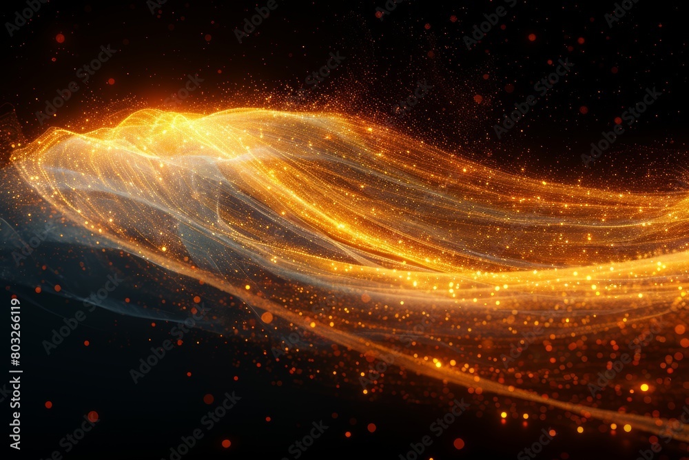 Poster a dynamic image capturing a flowing wave of golden light particles that create a sense of movement a