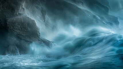 Dramatic coastal seascape with rugged cliffs and turbulent waves under a stormy sky
