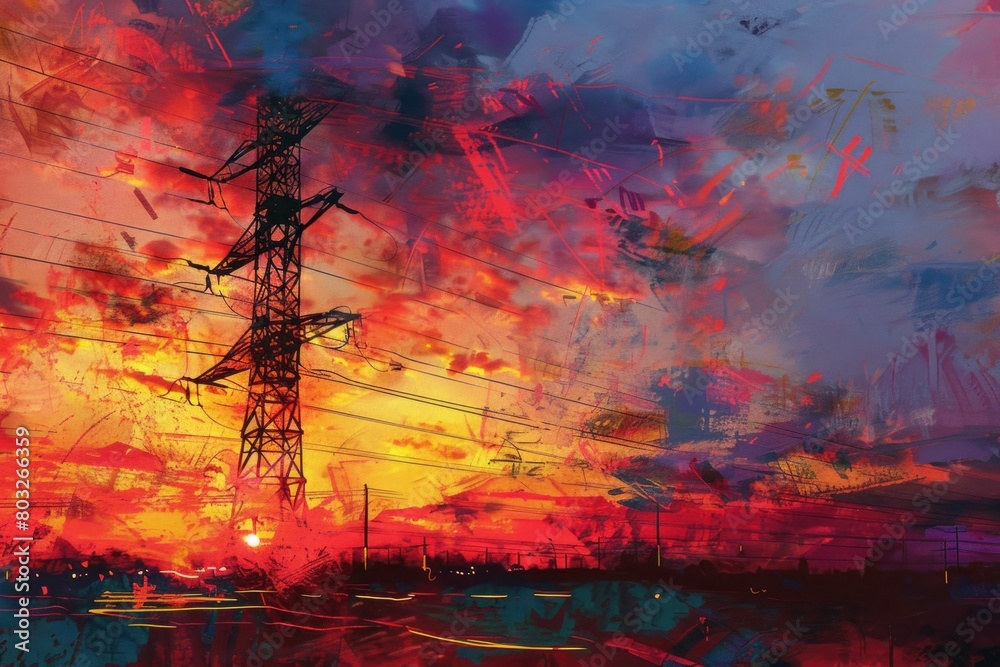 Poster a digital painting of a power line at sunset. suitable for energy or technology concepts