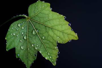 A close-up of a dew-kissed, vibrant green leaf, the droplets sparkling like diamonds, positioned against a solid dark background.