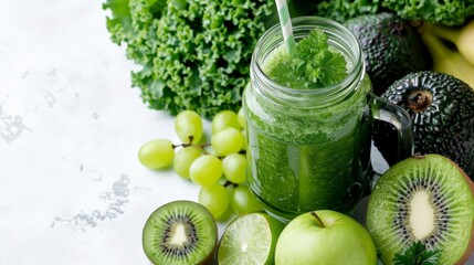 A green smoothie in a mason jar with a white background and green fruits and vegetables. - obrazy, fototapety, plakaty