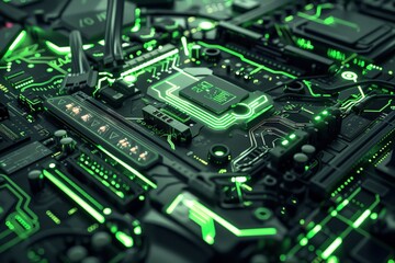 Fototapeta premium A detailed view of a computer motherboard illuminated by green lights, showcasing the intricate components and circuitry