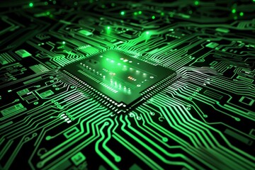 Detailed close up of a green-colored circuit board with electronic components and pathways visible