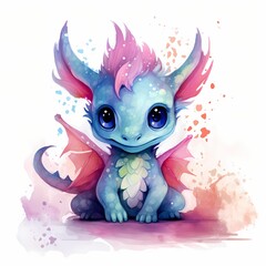 Dragon. Baby dragon clipart. Watercolor illustration. Generative AI. Detailed illustration.