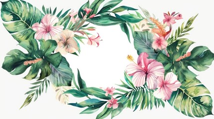 Colorful wreath of tropical leaves and flowers on white background. Perfect for summer designs