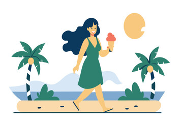 A cheerful woman strolls with ice cream by the sea
