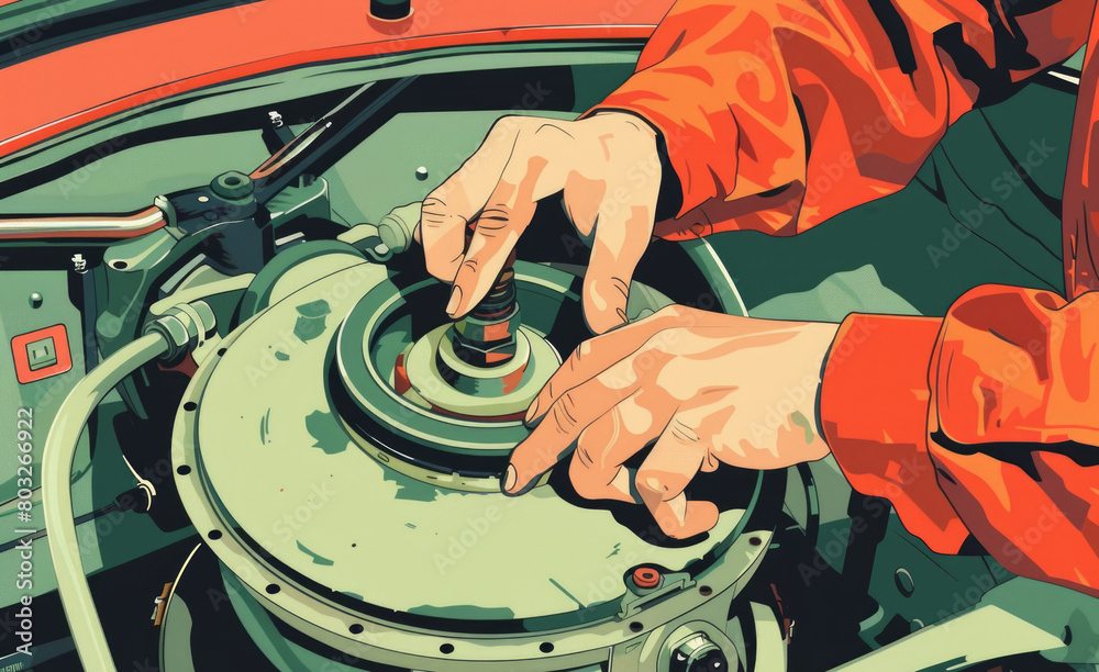 Poster a man in an orange jacket operating a machine. suitable for industrial concepts