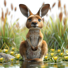 A 3D animated cartoon render of a curious kangaroo leading lost travelers to a watering hole.