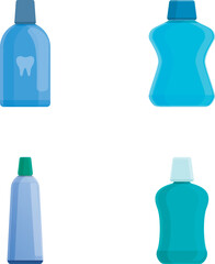 Dental care icons set cartoon vector. Mouthwash and toothpaste. Oral care equipment