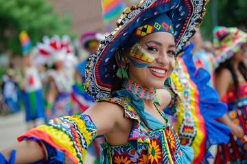 A woman in a colorful outfit is smiling and dancing