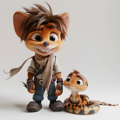 A 3D animated cartoon render of a brave bandicoot saving a child from a venomous snake.