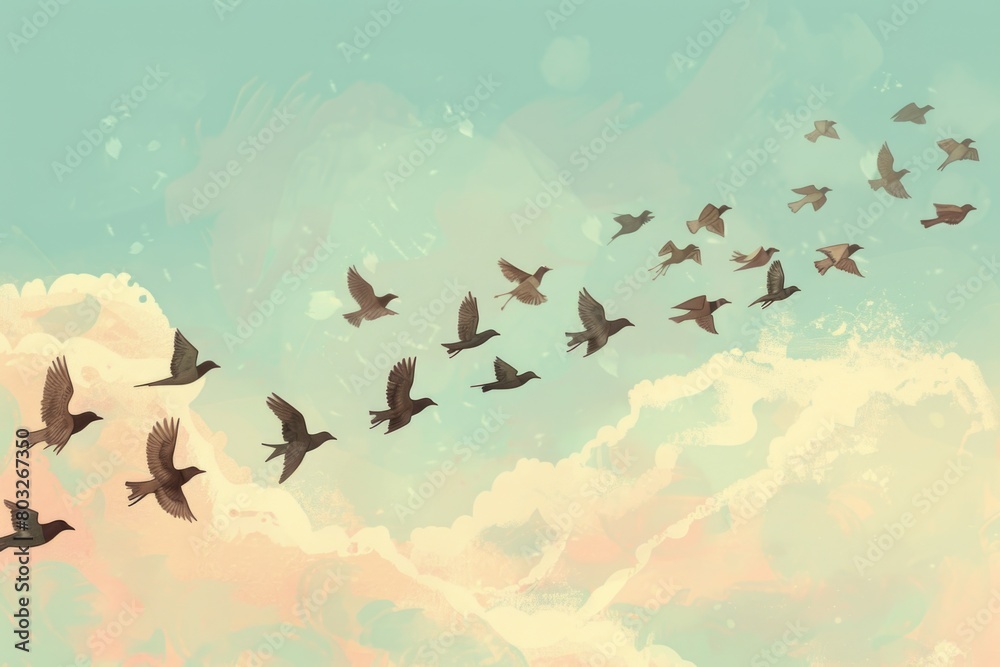 Poster a flock of birds soaring through the sky. perfect for nature or freedom concepts