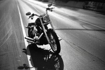 Black and white photo of a motorcycle parked on the side of the road. Suitable for various design projects
