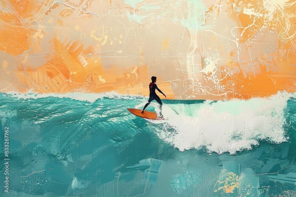 Poster A man riding a wave on top of a surfboard. Suitable for sports and recreation concepts