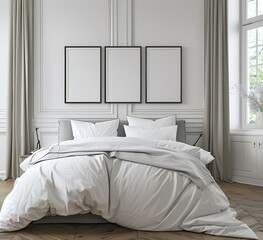 A modern bedroom with decent decor, three blank black picture frames on the wall above a bed made of soft linen and white pillows. The room is bathed in natural light from large windows.