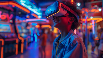 Joyful child exploring virtual reality in a neon-lit arcade setting.