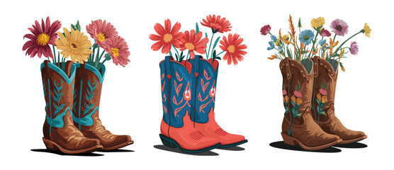 Set of different Cowboy boots with flowers. Collection of Vintage Cowgirl boots with Wild West ornaments. Trendy Vector illustrations isolated on transparent backgrounds.