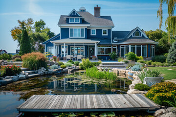 Full front view of a classic house in ocean blue, with a nautical theme and a small, wooden dock leading into a landscaped pond. - Powered by Adobe
