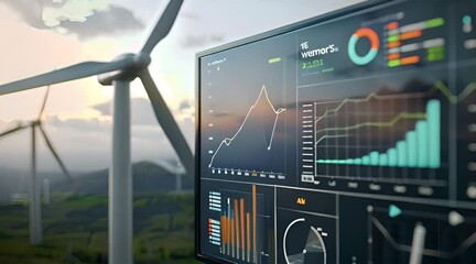 modern wind turbine with a detailed energy data analytics dashboard in the foreground, displaying real-time statistics and graphs for effective power production monitoring - Powered by Adobe