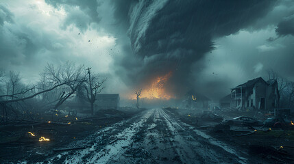The Force of a Tornado Lifts Cars and Demolishes,
exhaust fumes from industrial factory in polluted futuristic landscape