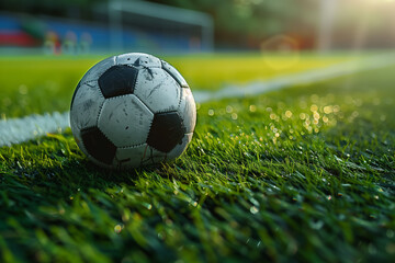 Fototapeta premium Ball on the green field in soccer stadium. Ready for game in the midfield, soccer ball close-up