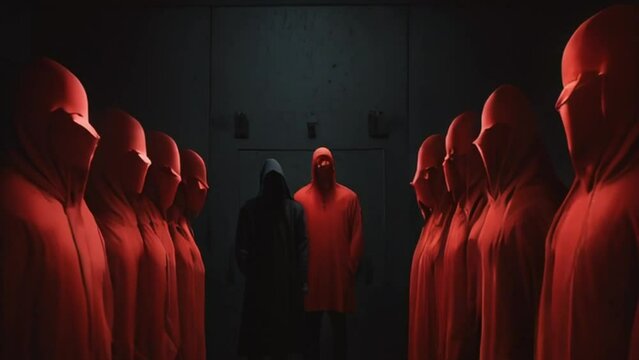 Group of People in Red Robes and Hoods with One Figure in Black in a Dark Room