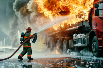 Fire fighters at work, Firefighters in action to fighting with the fire flame from oil tanker truck.