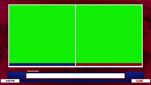 Live breaking news lower third two green screen display and time boxes seamless looping 4k animation