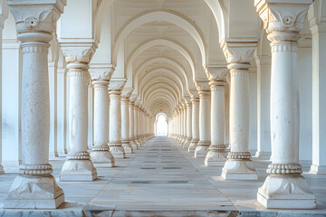 A delightful architectural tunnel of white columns. Archway. Ancient arches architecture detail of old building