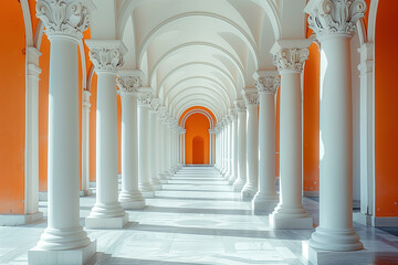 A delightful architectural tunnel of white columns. Archway. Ancient arches architecture detail of...