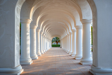 Fototapeta premium A delightful architectural tunnel of white columns. Archway. Ancient arches architecture detail of old building