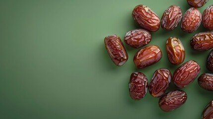 Obraz premium Glossy brown dates on green background with copy space, highlighting their natural sweetness and role in nutritious snacking and Middle Eastern cuisine.