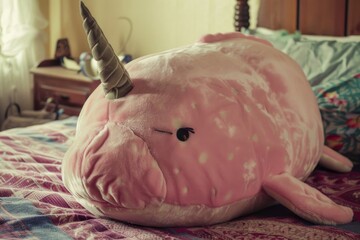 A cute pink stuffed narwhal toy laying on a bed. Perfect for children's room decor - obrazy, fototapety, plakaty