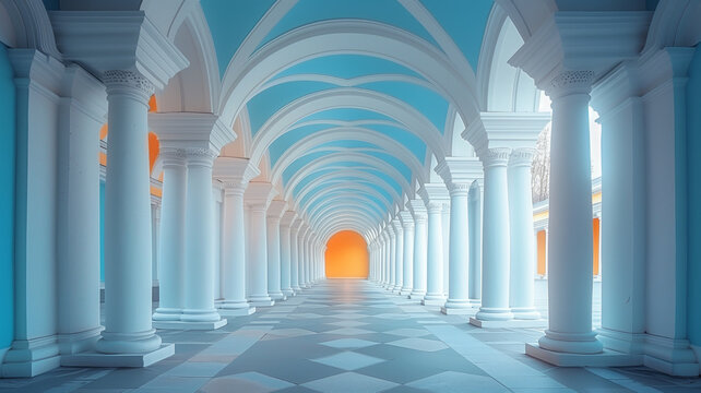 A delightful architectural tunnel of white columns. Archway. Ancient arches architecture detail of old building